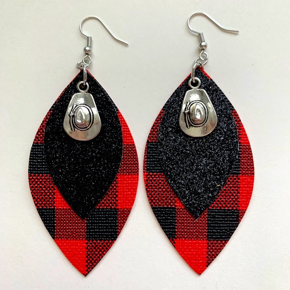 Dynamic Duo Designs Jewelry - Red & Black checker faux leather earrings w/ cowboy hat 🤠 accent charm